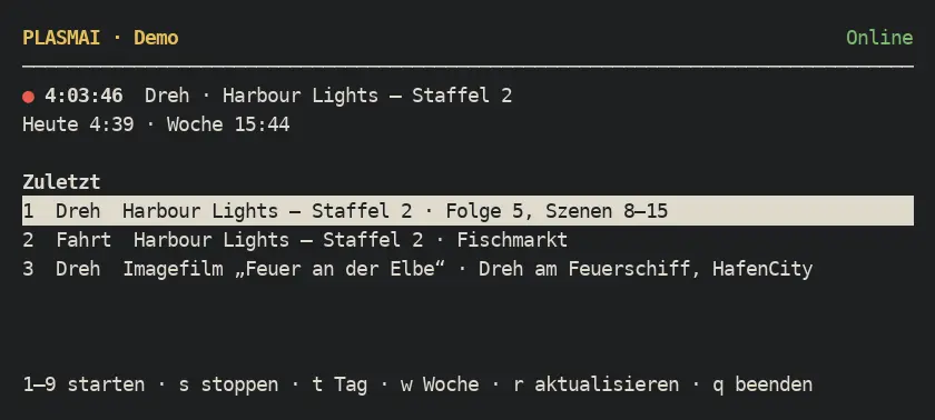 Der Terminal-Client mit laufendem Timer, Heute und Woche sowie Zuletzt
