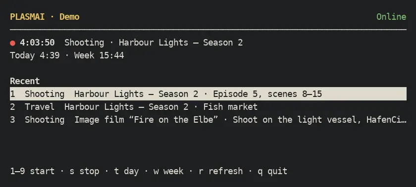 The terminal client with the running timer, today and the week, and recents