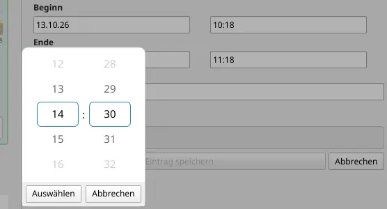 Der Zeitwähler der App auf Deutsch: 14:30