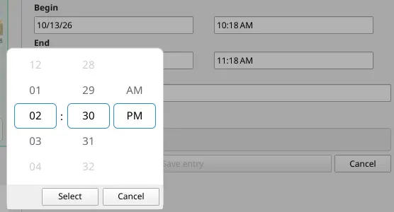 The app's time picker in US English: 02:30 PM with an AM/PM wheel