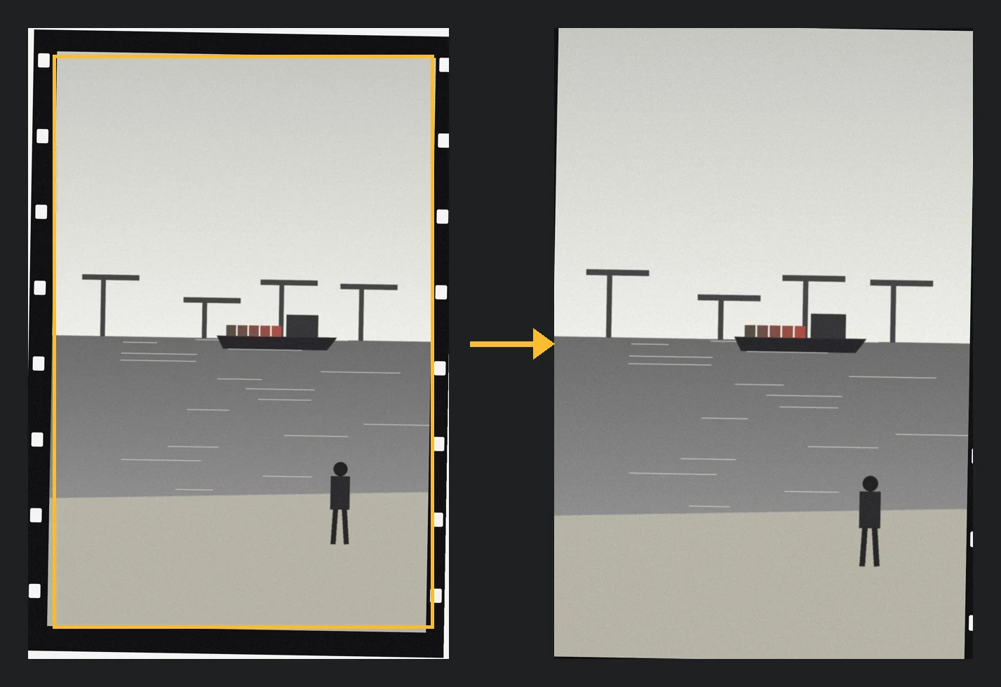A demo film scan with the detected frame marked, and the cropped frame next to it