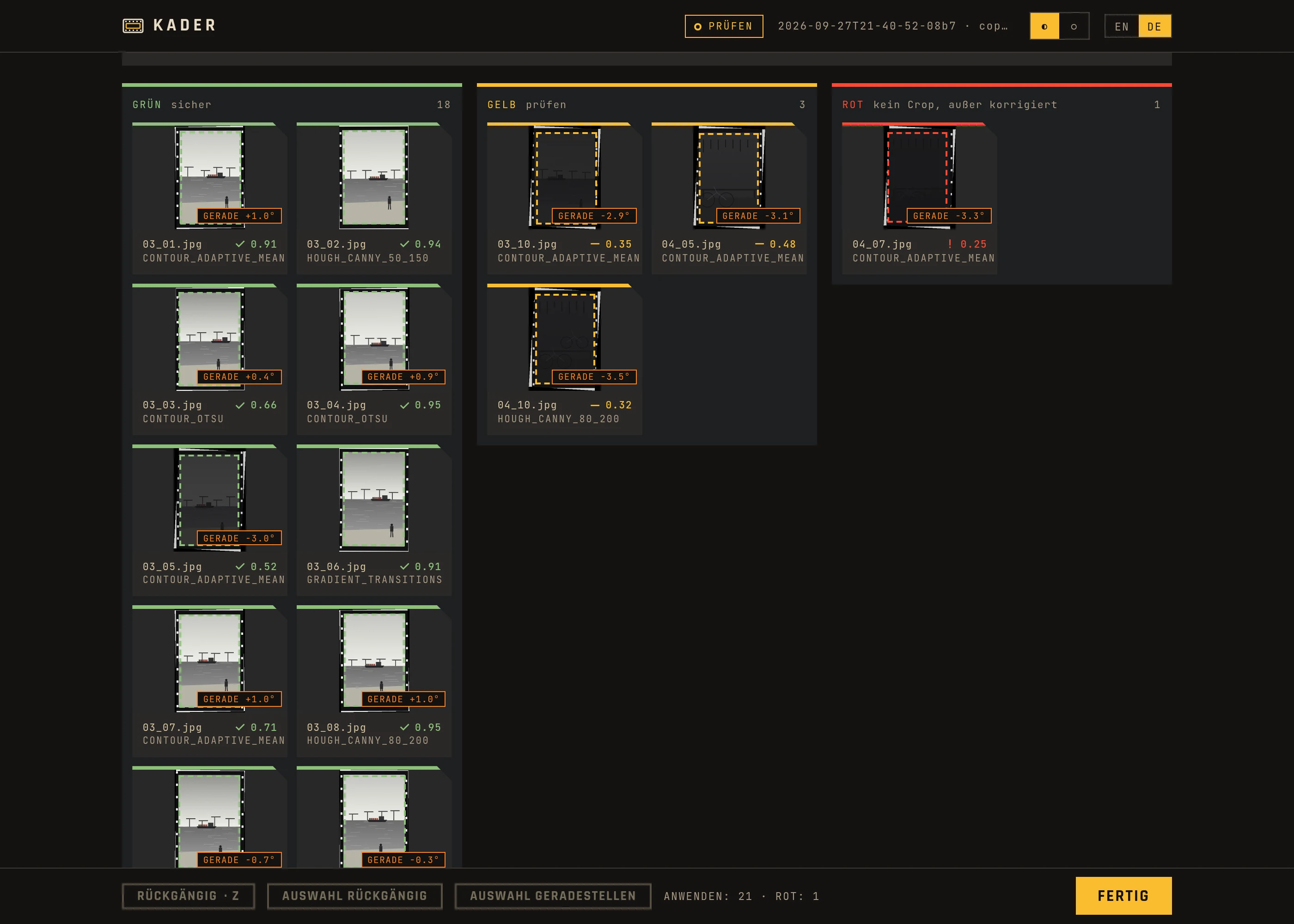 a grid of thumbnails with green, yellow and red labels