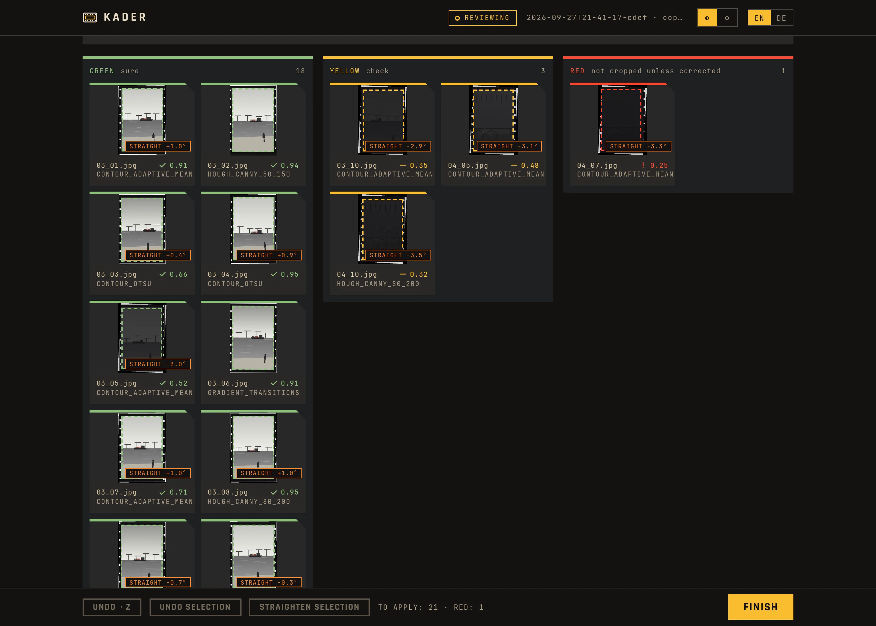 a grid of thumbnails with green, yellow and red labels