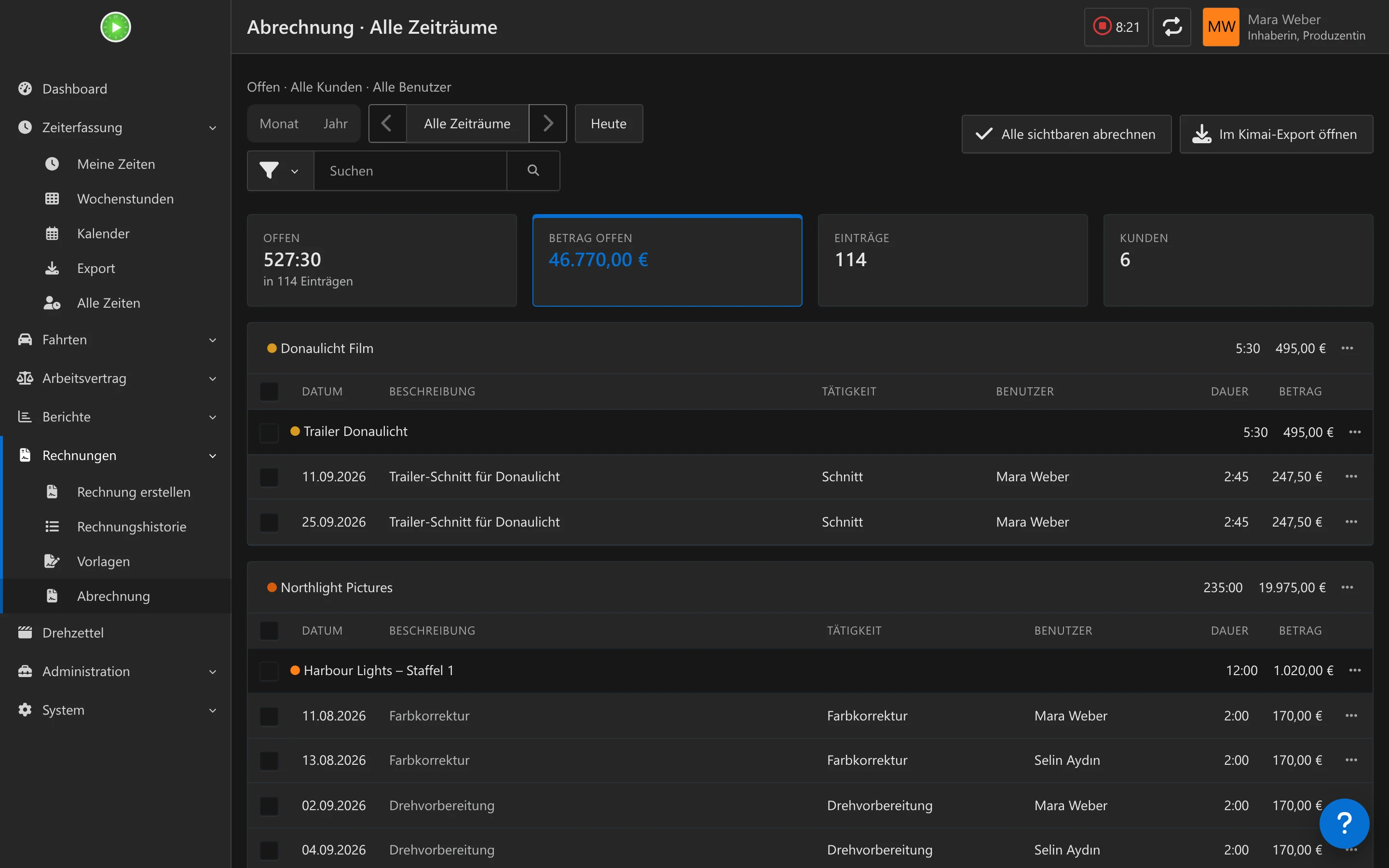 The billing page with filters, billing buttons and entries grouped by customer and project