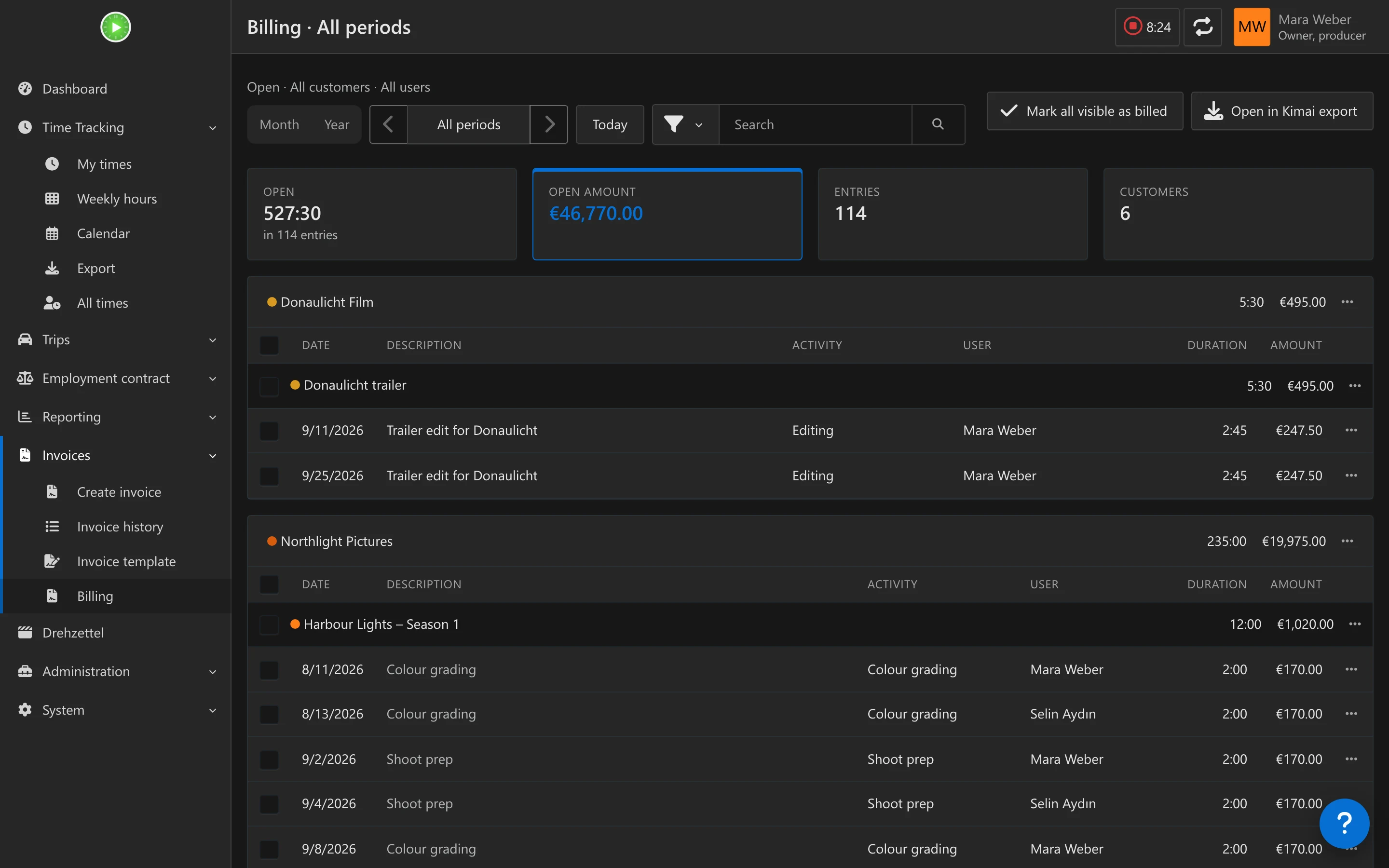 The billing page with filters, billing buttons and entries grouped by customer and project