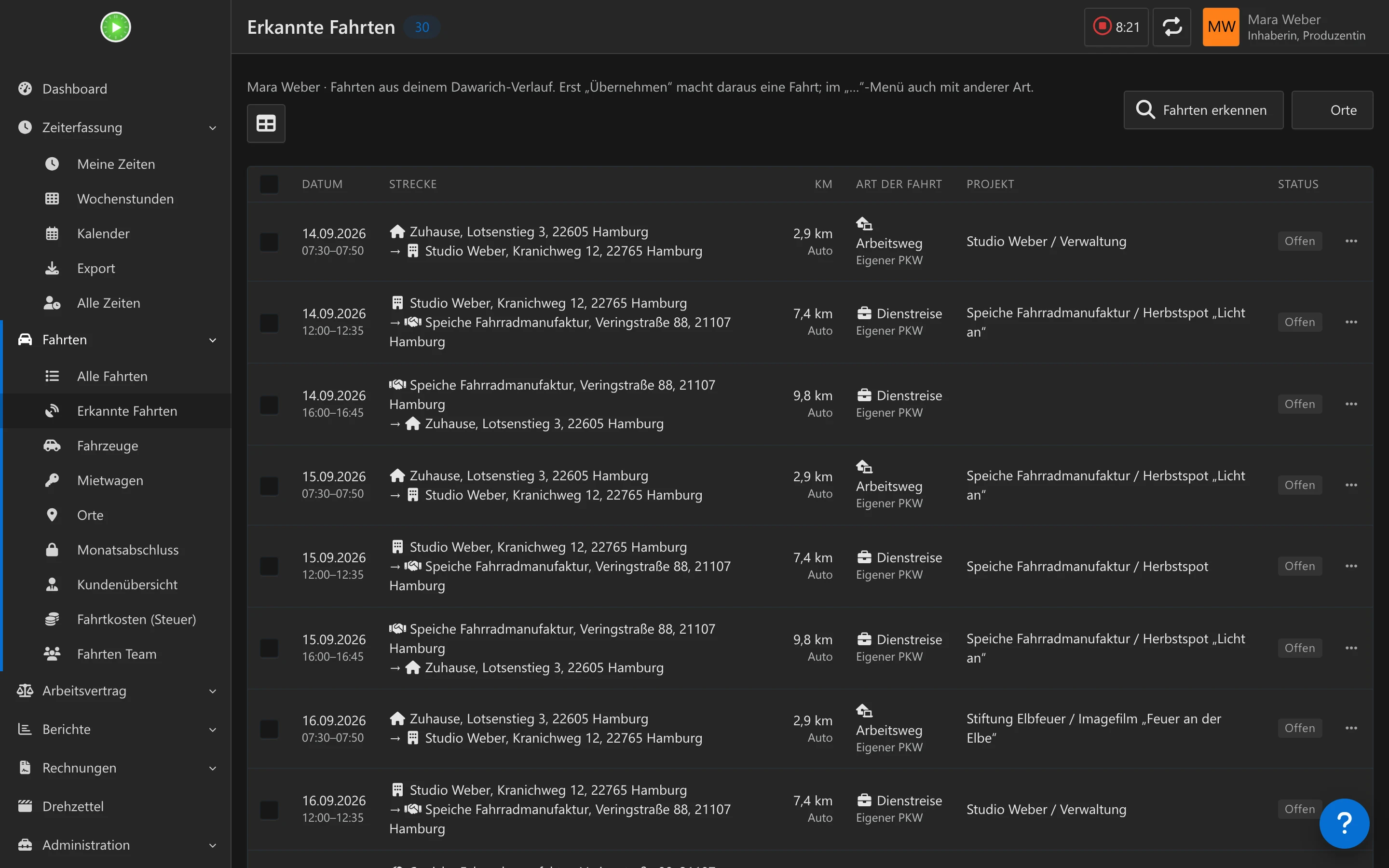 Erkannte Fahrten: open suggestions with date, route, km, project, trip type and vehicle, and buttons to accept, edit or dismiss