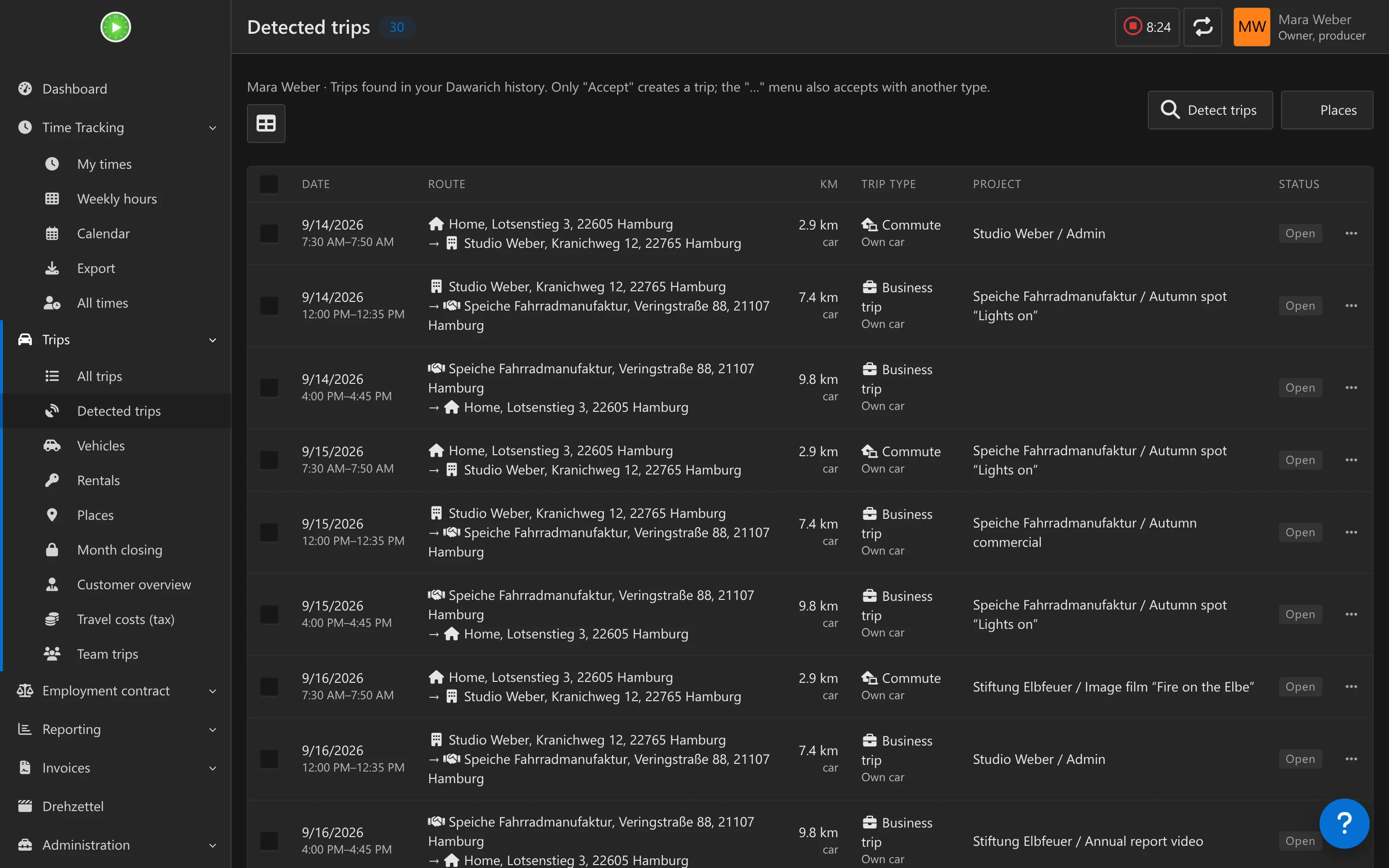 Erkannte Fahrten: open suggestions with date, route, km, project, trip type and vehicle, and buttons to accept, edit or dismiss