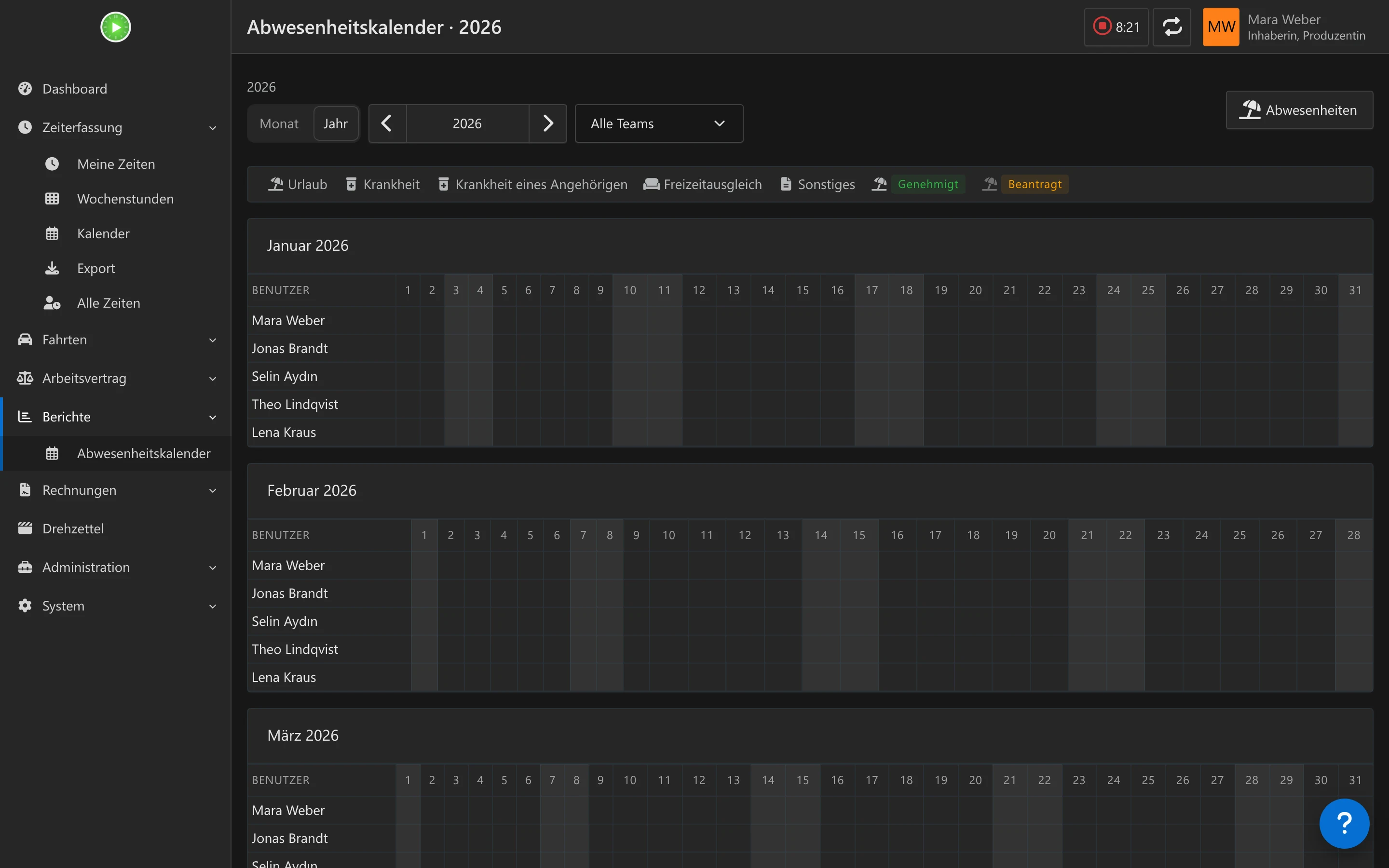 The absence calendar with a team selector, a legend and one table per month