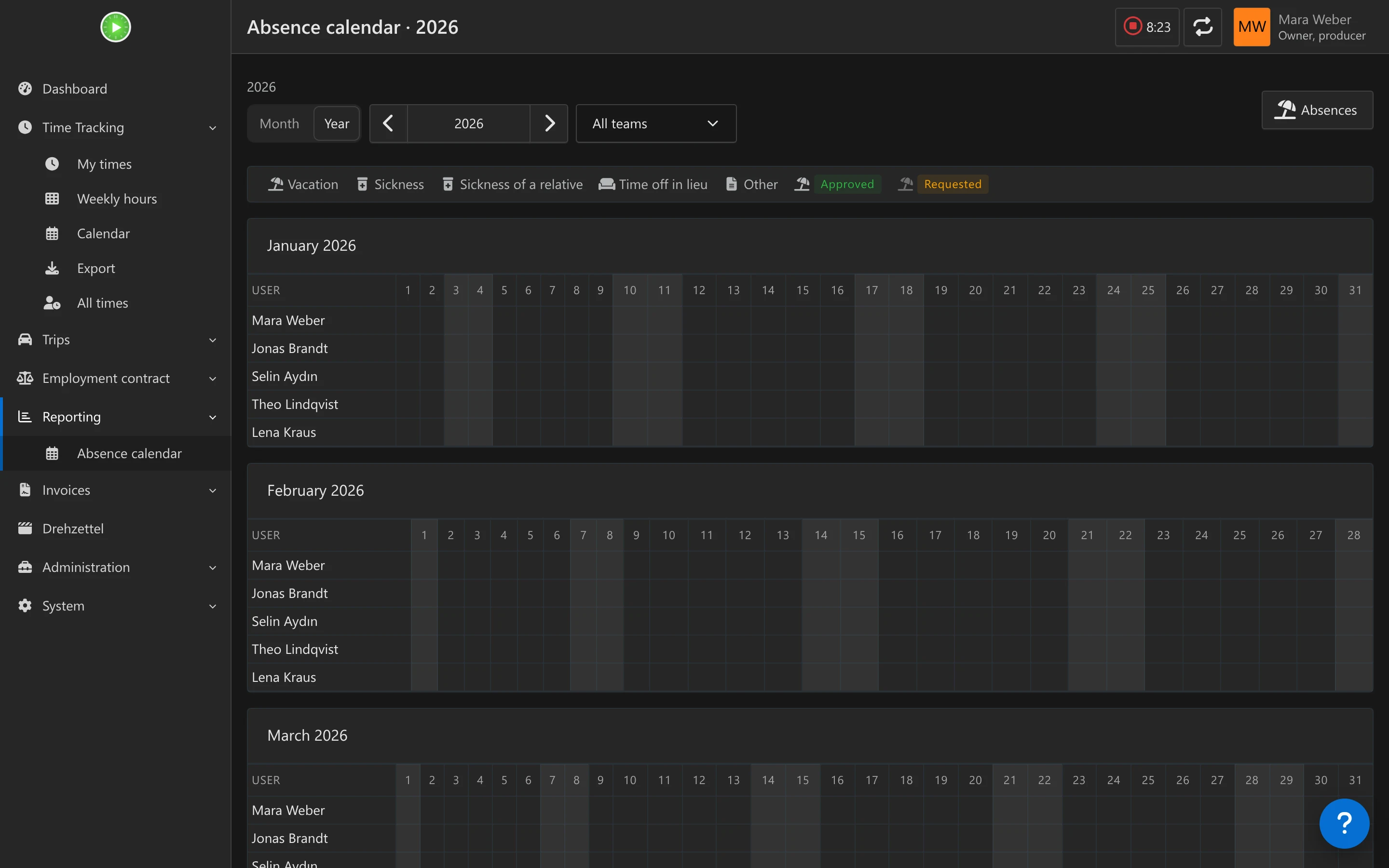 The absence calendar with a team selector, a legend and one table per month