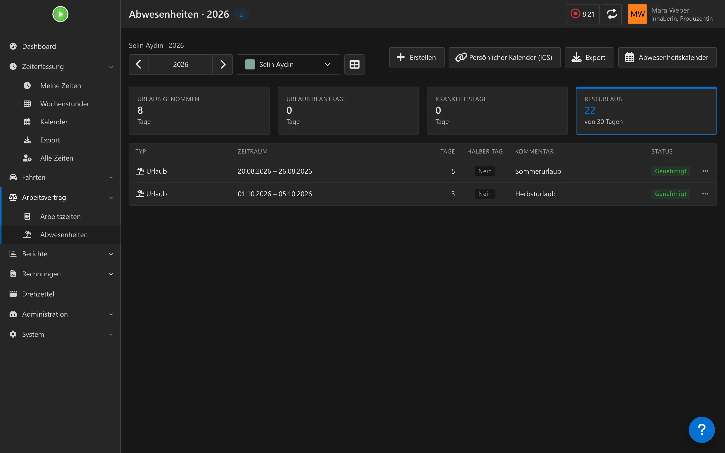The Absence page of the Working Hours & Holidays plugin