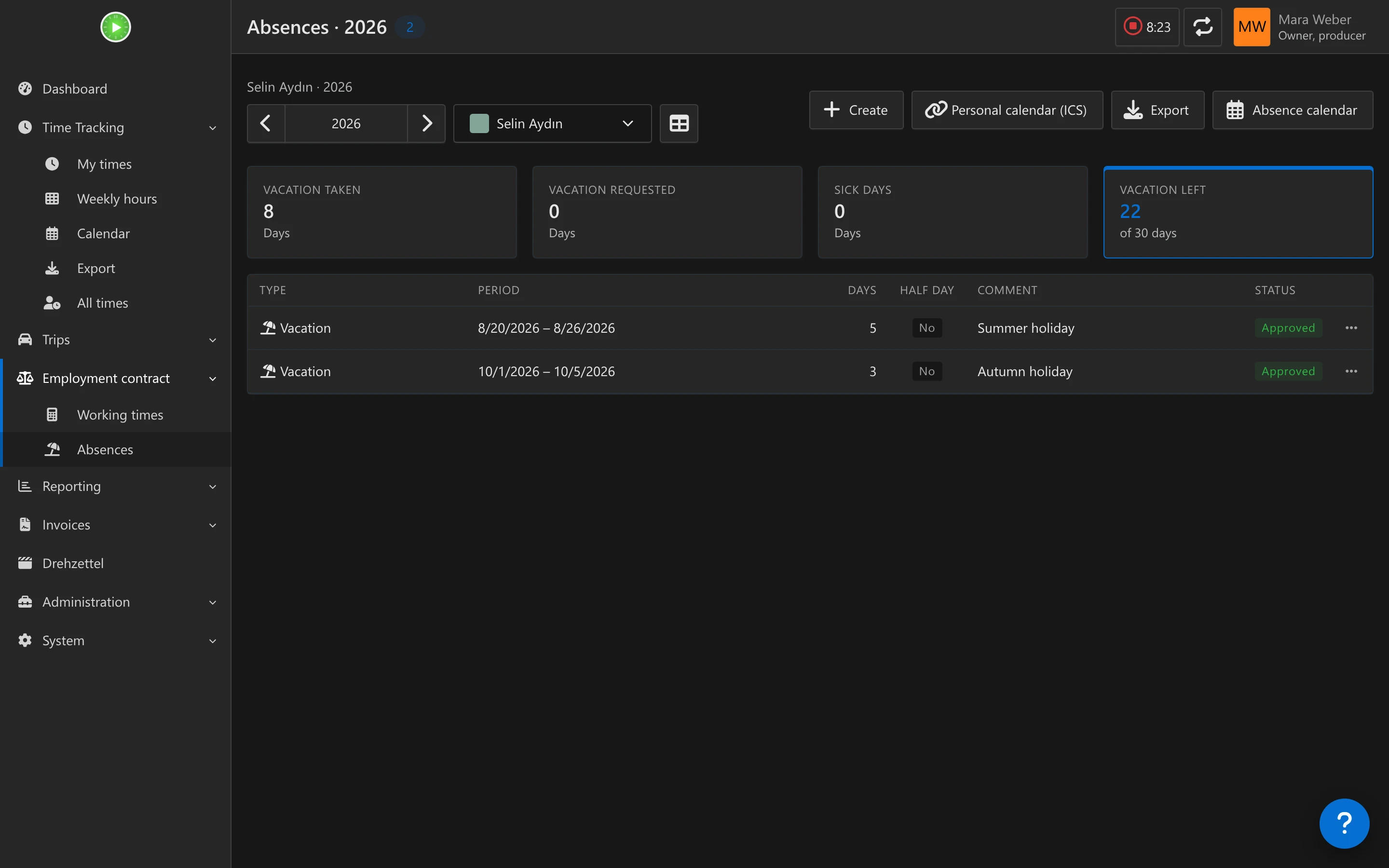 The Absence page of the Working Hours & Holidays plugin